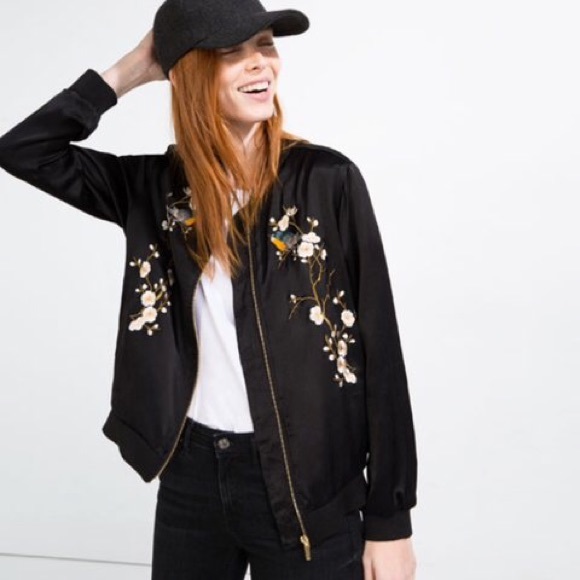 Zara Floral Embroided Bomber Jacket